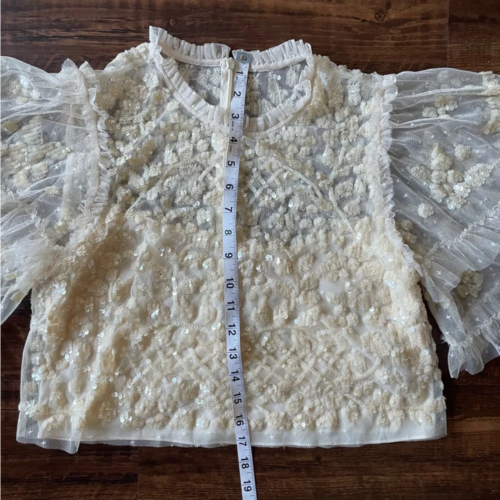 NEEDLE & THREAD Aurelia Sequin Embellished Top Natural Cream Ruffle Sheer Blouse - Picture 9 of 15